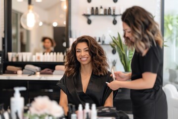 smiling client African American woman receiving professional hair and makeup service in stylish modern beauty salon