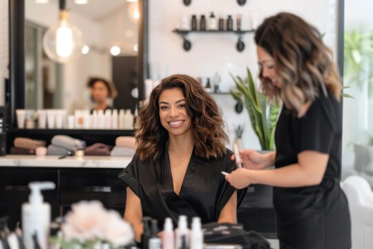 smiling client African American woman receiving professional hair and makeup service in stylish modern beauty salon