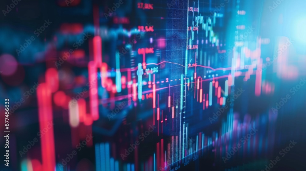 Poster abstract background of stock market price charts and candlestick graphs on a monitor.