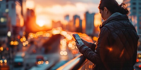 A woman in warm clothing uses her smartphone while overlooking a bustling cityscape with blurred lights at sunset.