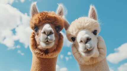 Fototapeta premium Two llamas are standing next to each other with their heads turned towards the camera. The blue sky in the background adds a sense of calmness and serenity to the scene