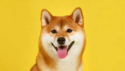 Happy smiling shiba inu dog isolated on yellow orange background with copy space. Red-haired Japanese dog smile portrait