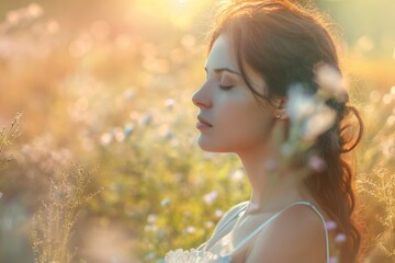 A serene woman gazing out in a sunlit field surrounded by wildflowers, captured with soft focus and warm lighting.