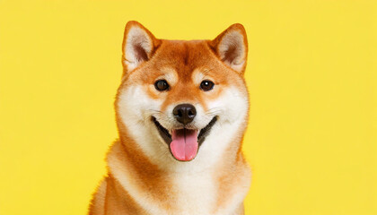 Happy smiling shiba inu dog isolated on yellow orange background with copy space. Red-haired Japanese dog smile portrait