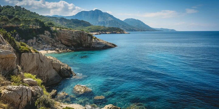 A stunning view of a rocky coastline with clear blue water and distant mountains on a bright sunny day.