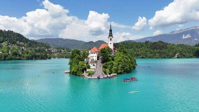 Drone shot of beautiful Lake Bled in Slovenia