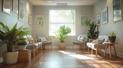 medical waiting room, the doctors waiting room has a cheerful, spacious atmosphere with magazines and plants, creating a serene ambiance for patients before their appointments