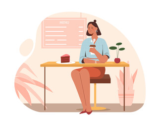 Woman in coffee shop. Young girl with hot drink and piece of cake. Americano, espresso and cappuccino. Restaurant and cafe visitor. Cartoon vector illustration isolated on white background