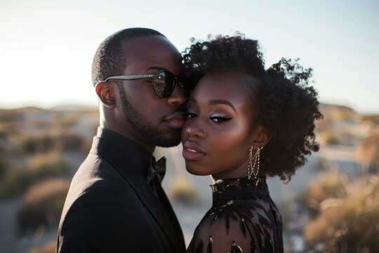 Elegant couple wearing black tie attire posing in the desert during golden hour