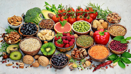 Health food for fitness concept with fruit, vegetables, pulses, herbs, spices, nuts, grains and pulses. High in anthocyanins, antioxidants, smart carbohydrates, omega 3, minerals and vitamins