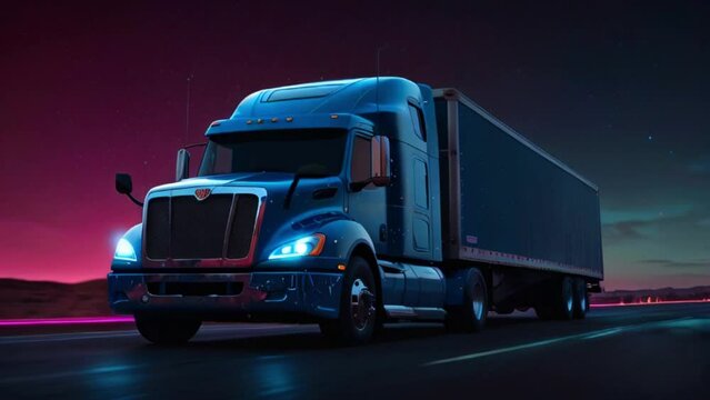 This is the front view of a blue semi-truck on a road at night. The truck is in the center of the image and is surrounded by a dark background with a gradient of red and blue.