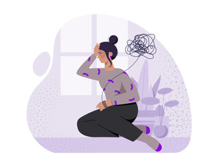 Woman with bad mood. Sad girl sitting on sofa. Depression and frustration. Negative feelings and emotions. Mental and psychological problems. Cartoon vector illustration isolated on white background