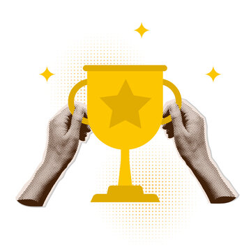 Two Hands holding gold trophy cup. Award for win. Comic illustration in halftone collage art style with dotted effect. Vector