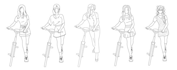 Set of beautiful girls in skirt, t-shirt, dress, shorts riding bike isolated on white background in outline style for lifestyle, posters, wallpapers, icons