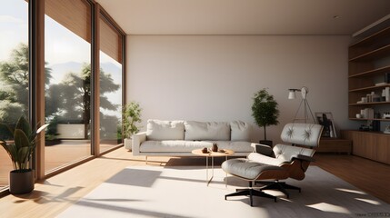 Fototapeta premium Bright Living Room with Large Windows