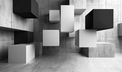 Modern Black and White Abstract Cubes in Concrete Room