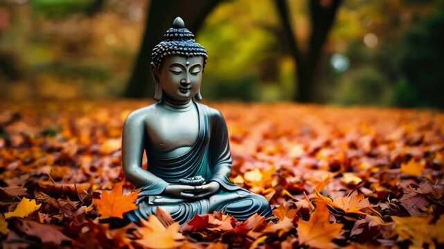 The video is a statue of Buddha sitting cross-legged on a bed of fallen leaves. The statue is made of a gray material and has a serene expression on its face.