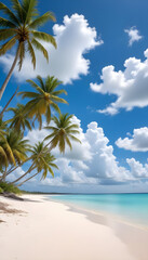 Obraz premium Calm ocean or sea on exotic tropical beach with white sand and palm trees vertical size 9:16
