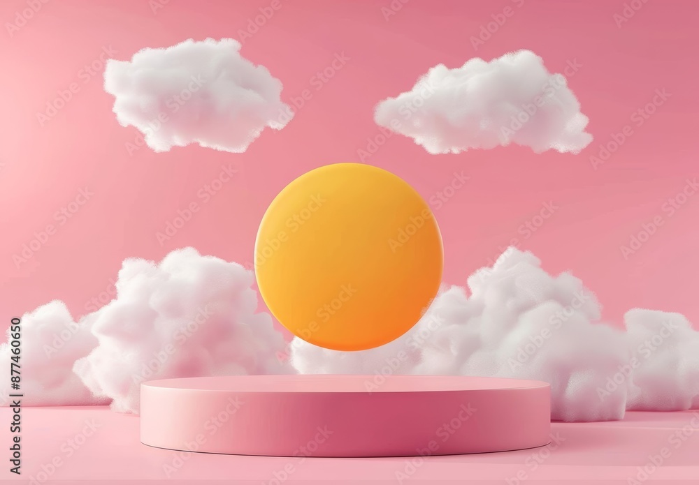 Poster surreal floating sphere with clouds in pink color scheme