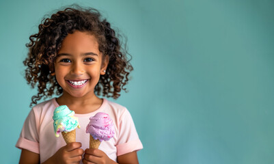 5 year old cute girl with curly hair smiles, holding two colorful ice creams