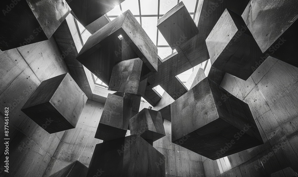 Poster monochromatic concrete abstract cubes in geometric architectural setting