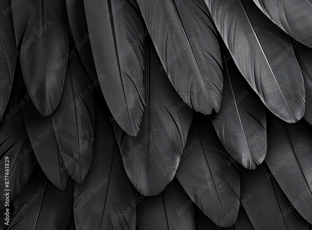 Poster close-up of dark black feathers highlighting texture and pattern