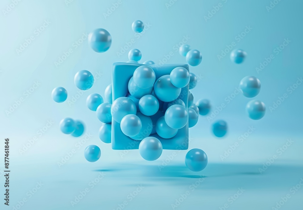 Poster abstract 3d rendering of floating blue spheres with cube