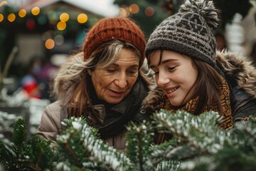 Grandmother and Granddaughter Enjoying a Festive Winter Market