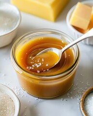 Realistic image of Caramello salato, a rich and creamy salted caramel sauce. 