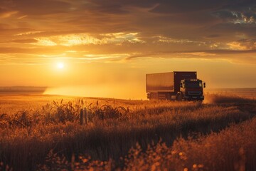 Fototapeta premium Bathed in the warm glow of the setting sun, a truck drives through the countryside, surrounded by the peaceful ambiance of dusk. Immerse yourself in the beauty of nature's twilight.