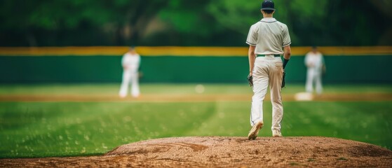 A baseball pitcher stands on the mound, ready to throw the ball, with his teammates in the outfield on a bright, green stadium.