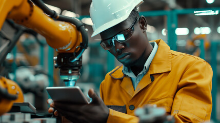 African engineer with tablet inspection the Robotic arm