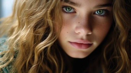 Naklejka premium Youthful Gaze - Dreamy Teen Portrait: Portrait of a teen girl looking at the camera. Close-up view of a teenage girl with blue eyes