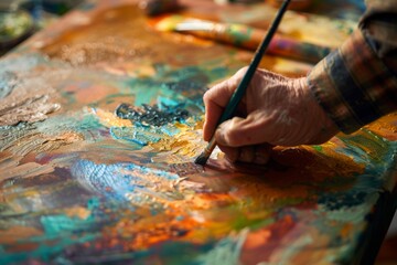 Fototapeta premium Detailed closeup of an artist's hand adding layers of color and texture to a canvas, illustrating the depth of creative expression.
