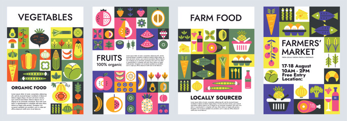 Organic food geometric mosaic poster. Farmers market invitation, vegetables, fruits and locally sourced farm food advertisement with geometric icons vector illustration. Bauhaus Scandinavian tiles. © WinWin
