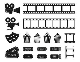 Cinema ticket coupon, masks, camera film strip frame, popcorn icon set. Vector illustration on a white background. EPS 10