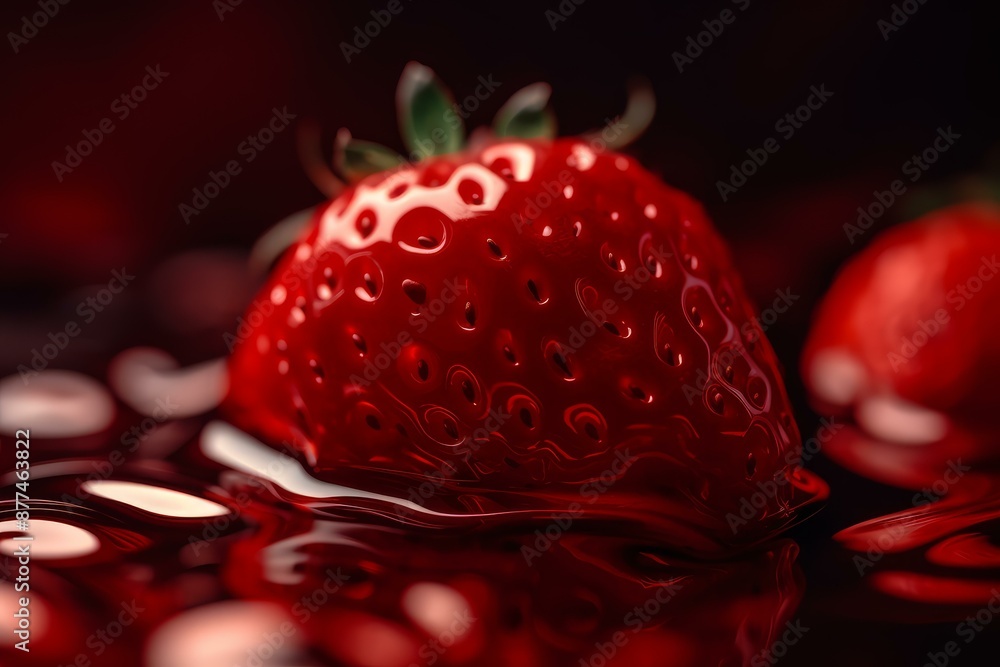 Poster close-up of a ripe strawberry with reflection on a shiny red background