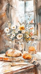Naklejka premium A cozy kitchen depicted in watercolor style features freshly baked bread and a vase of flowers, the soft hues create a serene, homely feel, elevated everyday