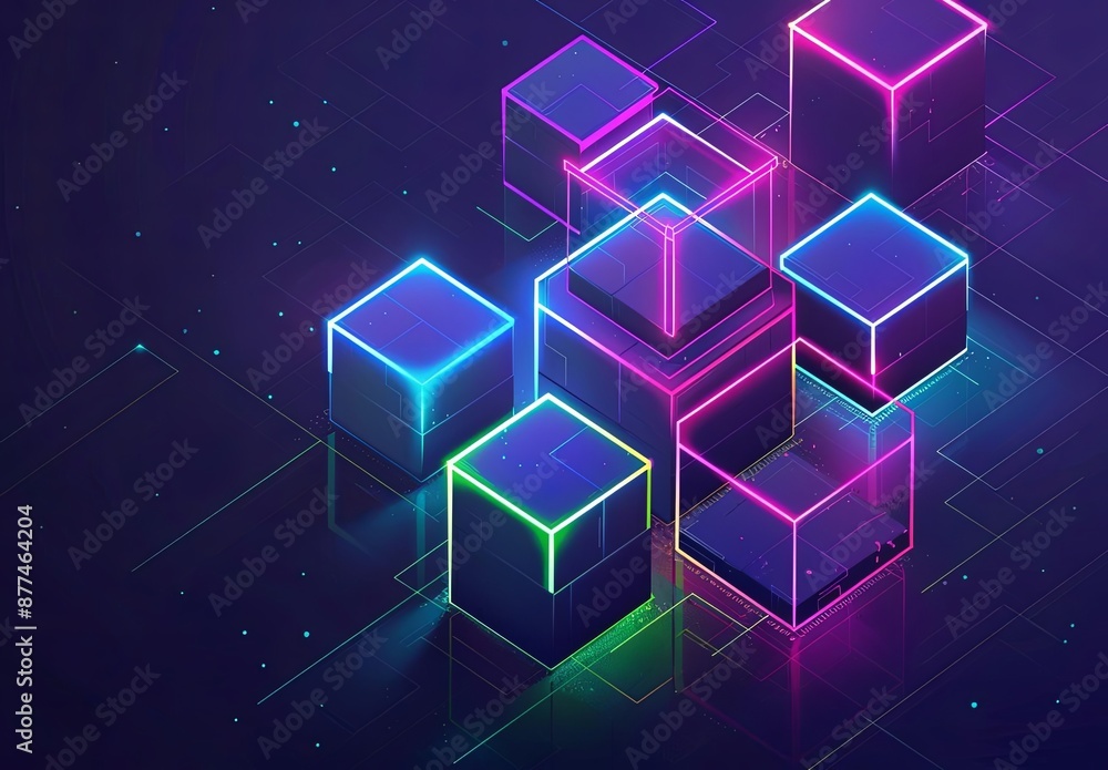 Poster futuristic neon cubes with technology theme in a dark color scheme