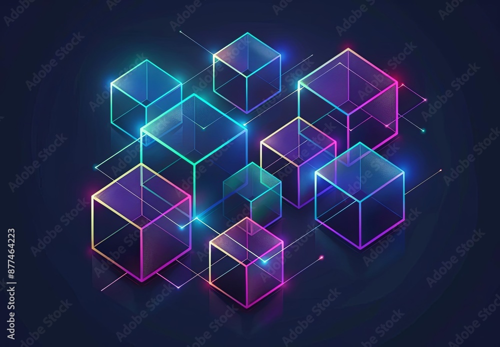 Poster abstract neon blockchain technology with colorful glowing cubes