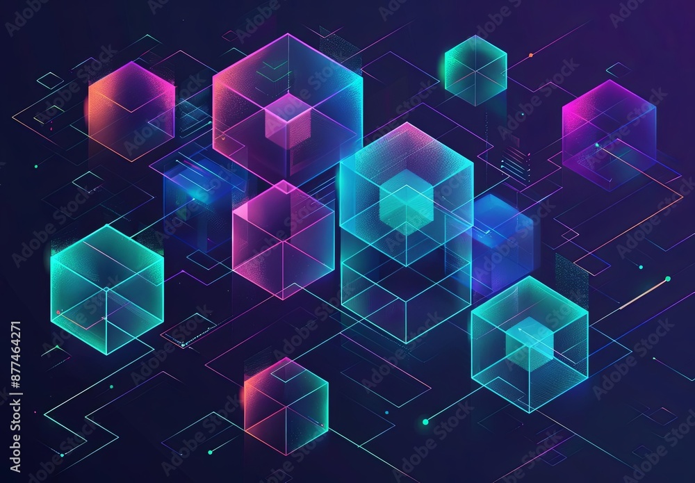 Poster futuristic blockchain technology with neon cubes and dark gradient background