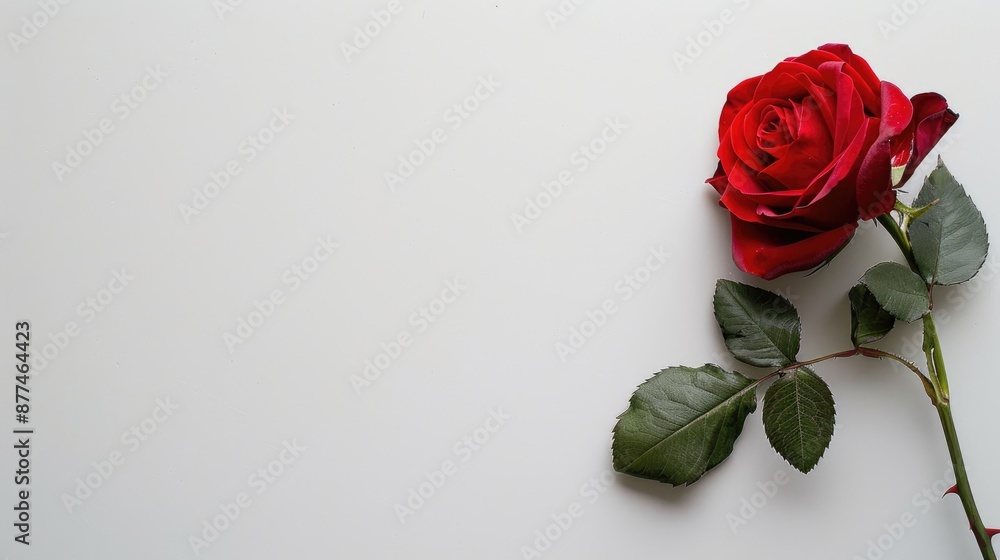 Poster red rose on white surface with empty space on right side of image