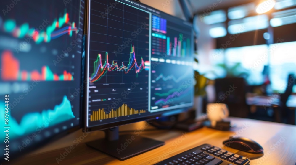 Poster Close-up of a computer monitor showing business trend graphs and quarterly performance.