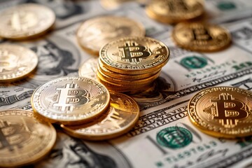 Bitcoin Coins on US Dollar Bills Representing Cryptocurrency and Traditional Currency