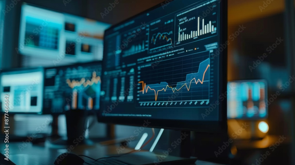 Poster close-up of a desktop monitor showing economic indicators and gdp growth graphs.