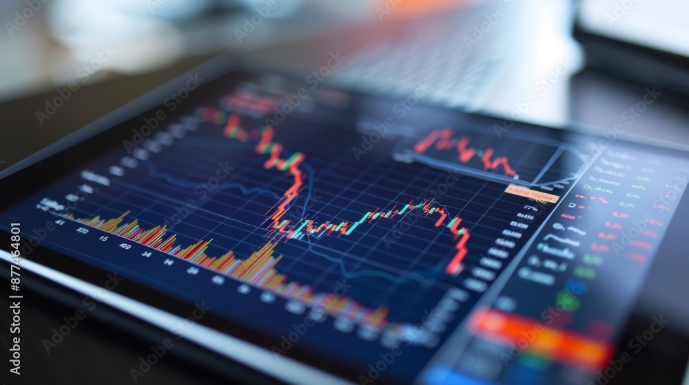 Aufkleber close-up of a digital tablet displaying financial graphs and investment portfolio analysis.