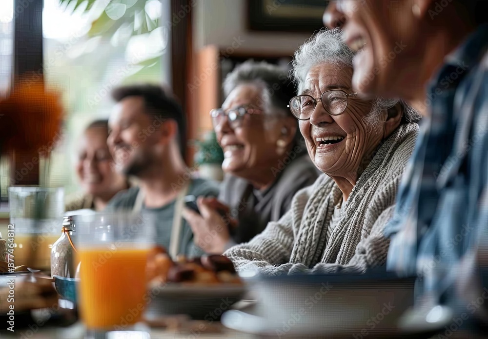 Wall mural happy seniors enjoying a meal together in a bright setting