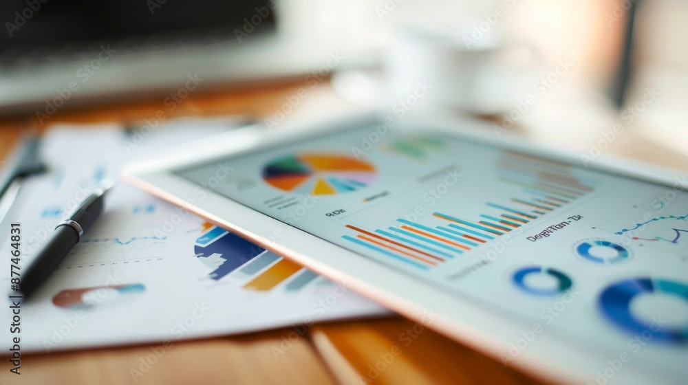 Poster Close-up of a digital tablet showing investment performance graphs and risk assessment.
