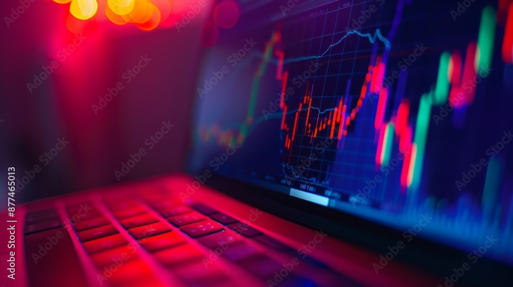Poster Close-up of a laptop screen displaying a line graph depicting stock market trends