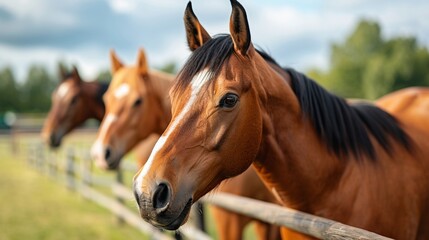 Visualize a stable with conventionally trained horses ready for riding lessons